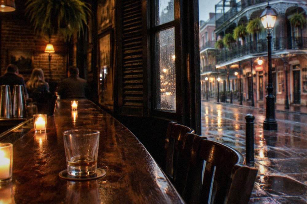 Warm candlelit interior of an old French Quarter tavern with a wooden bar and dim lamps