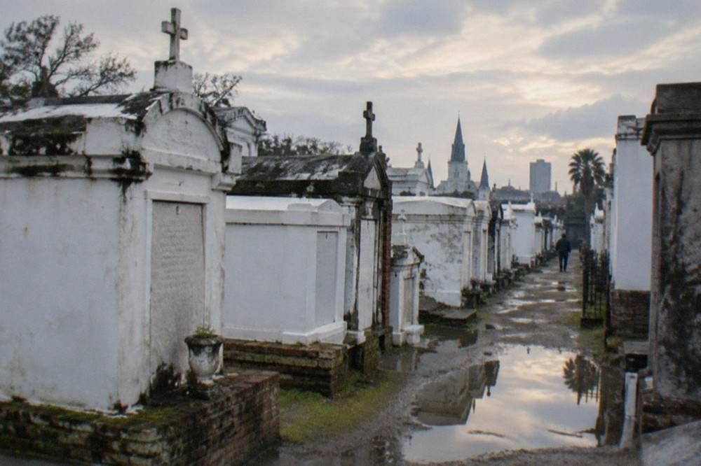 Rows of white above-ground tombs in a New Orleans cemetery under a bright sky