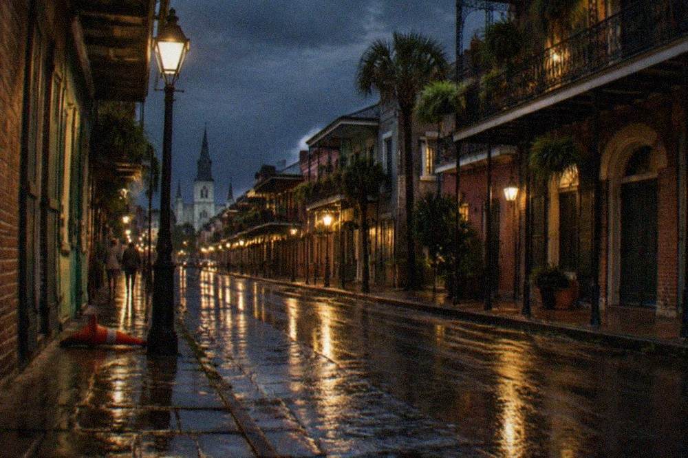 Wet French Quarter street at night with reflections on the pavement