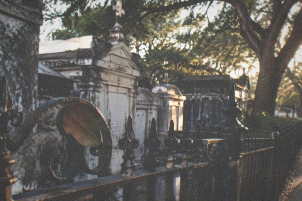 Wrought iron fence enclosing rows of tombs beneath oak trees at Lafayette Cemetery No. 1