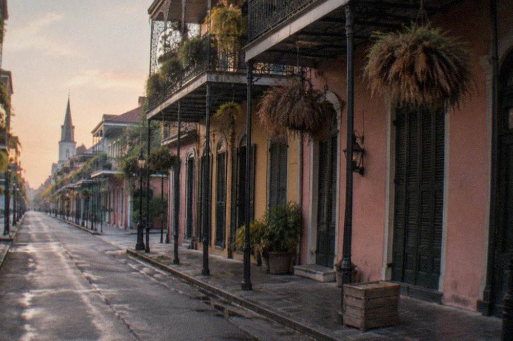Row of French Quarter buildings with cast iron balconies along Royal Street