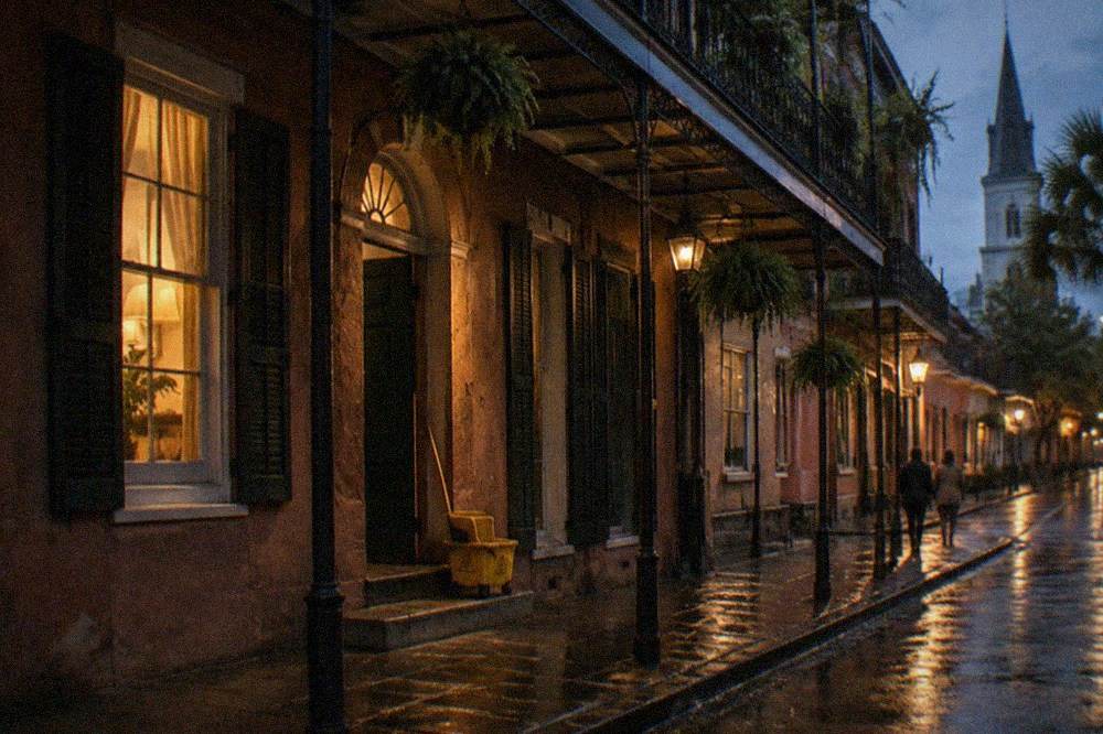 A dimly lit historic French Quarter building facade with wrought iron balcony at night