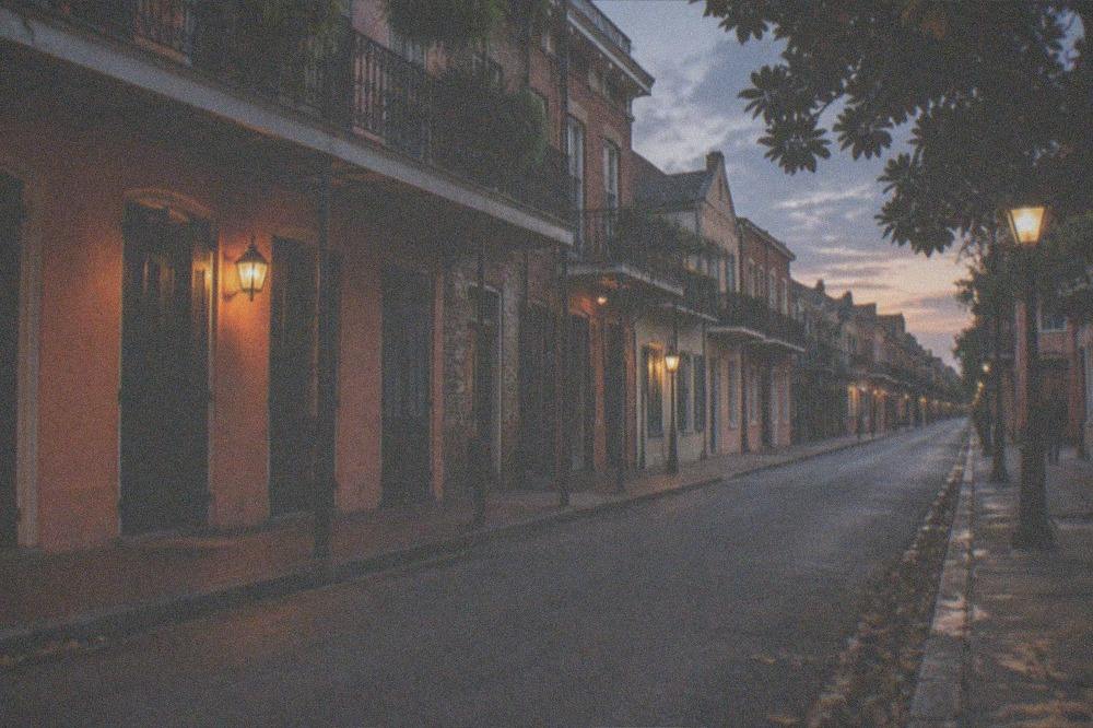 A French Quarter street at dusk with warm lamplight and empty sidewalks