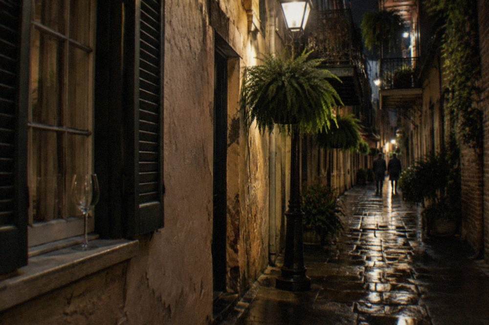A narrow French Quarter alley at night lit by a single lamppost