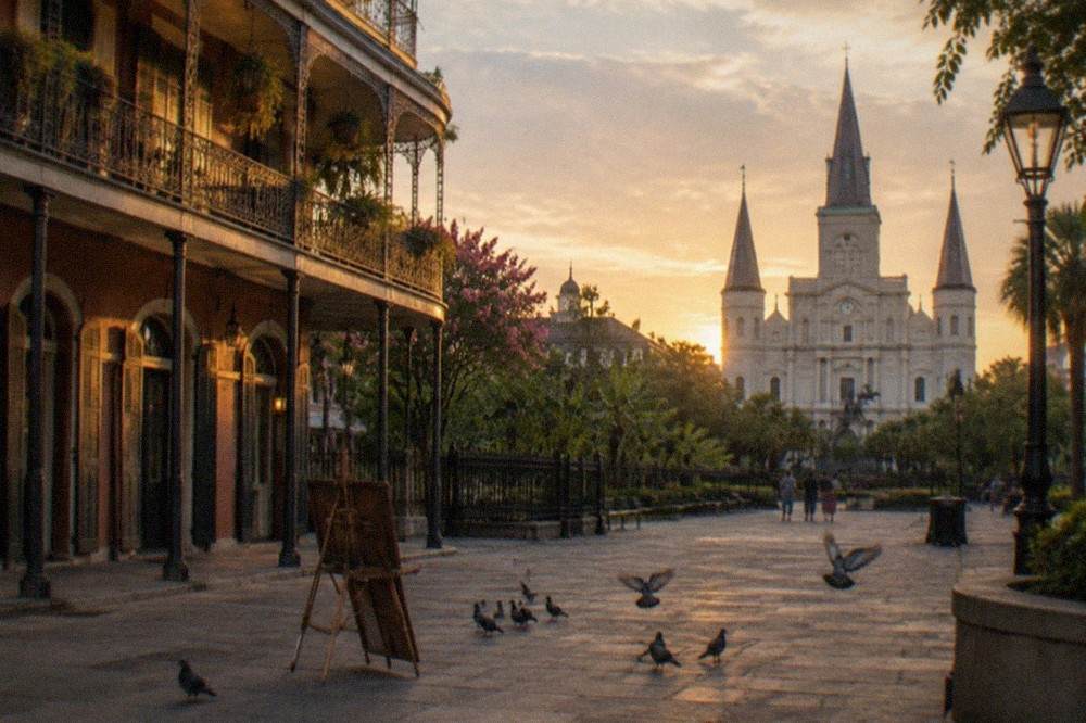 A historic French Quarter hotel facade at dusk with cast iron balconies