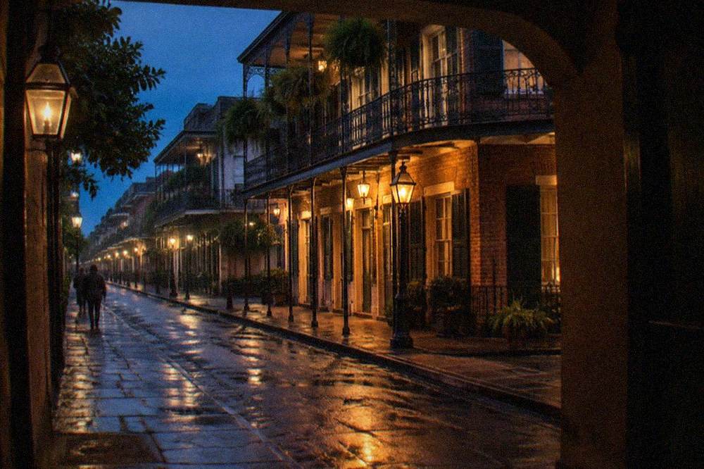 Lantern light on a narrow French Quarter street with ironwork balconies above