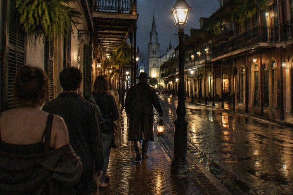 Guide holding a lantern leading a small group down a dim French Quarter sidewalk