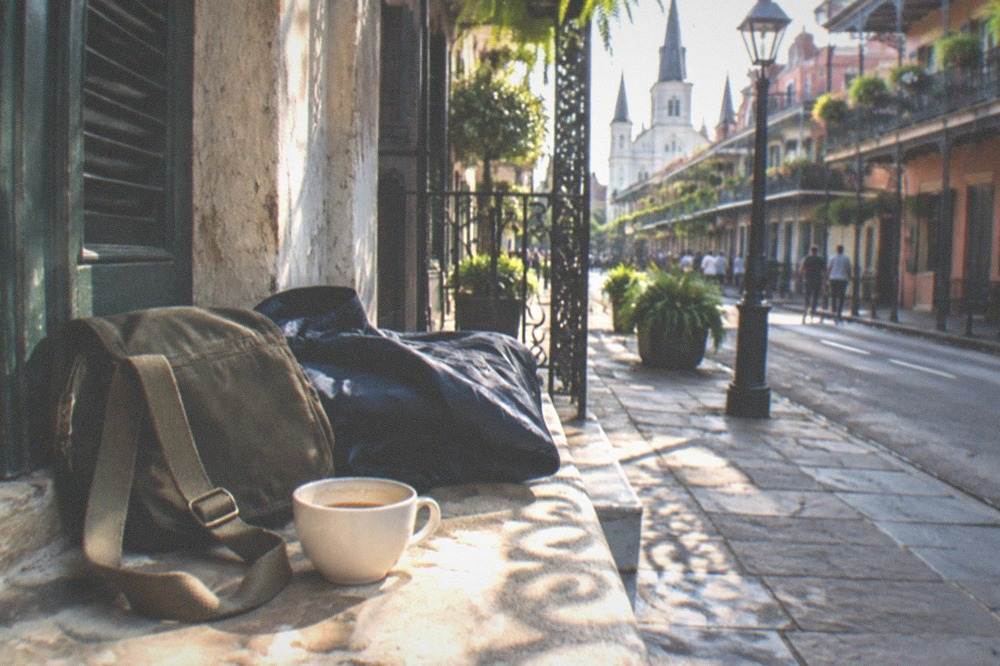 A small canvas crossbody bag and a compact rain jacket resting on a wrought iron bench in the French Quarter